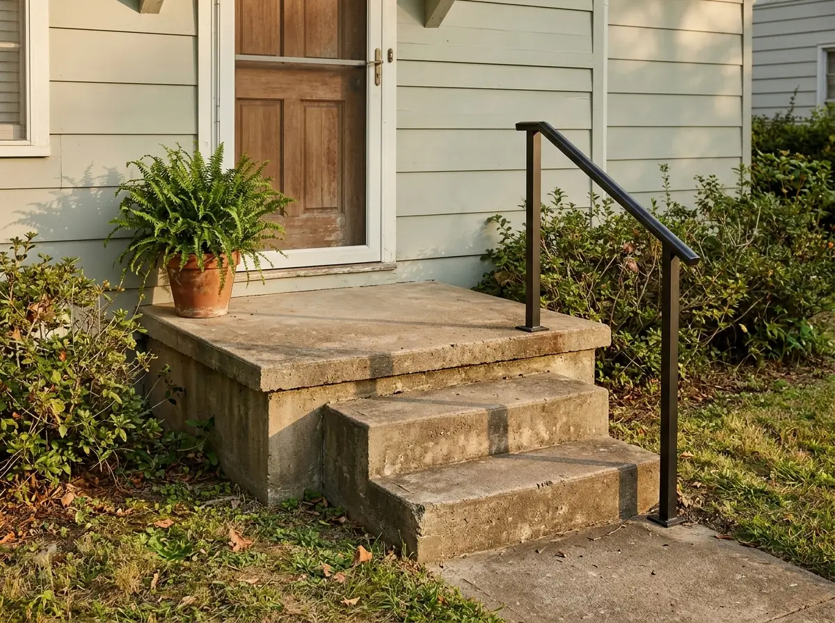 Short black metal rail beside three concrete steps leading up to a front door