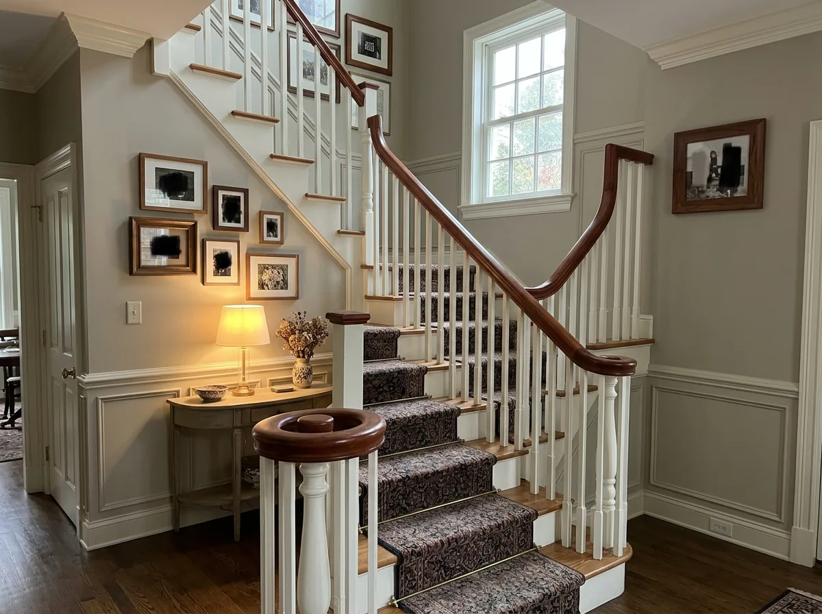 Painted white wood balusters with a cherry-stained handrail and turned newel post