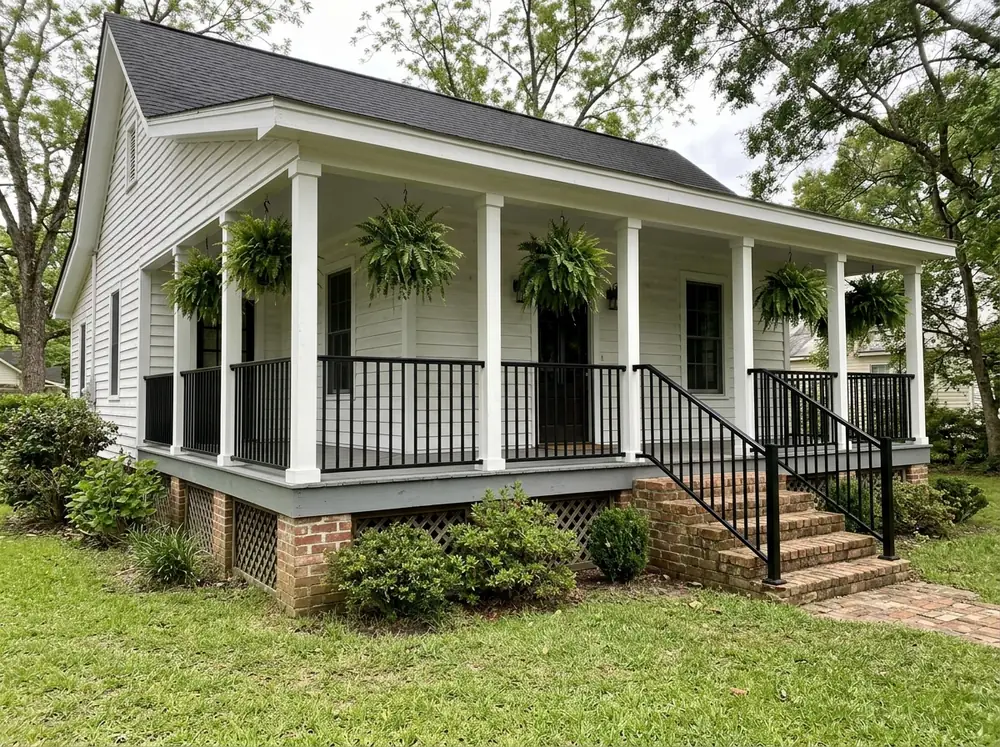 Black aluminum picket porch railing on a raised cottage porch with white columns