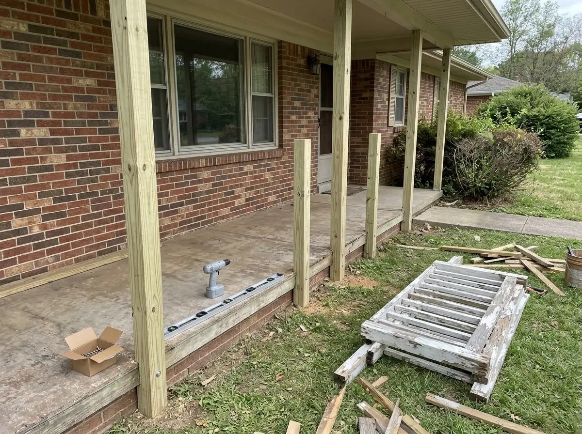 Old porch railing removed and new wood posts set along the edge of a porch floor