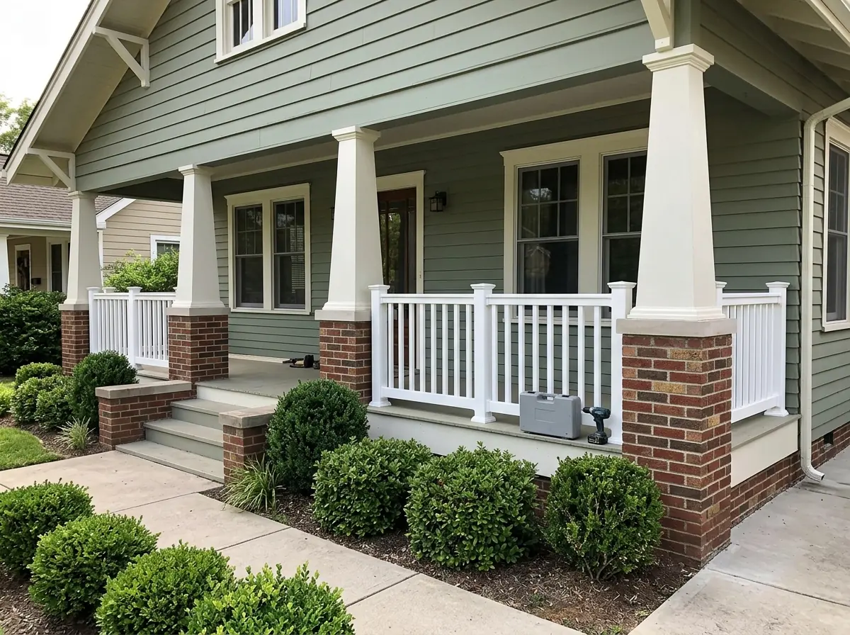 White vinyl porch railing with square balusters on a front porch of a craftsman bungalow