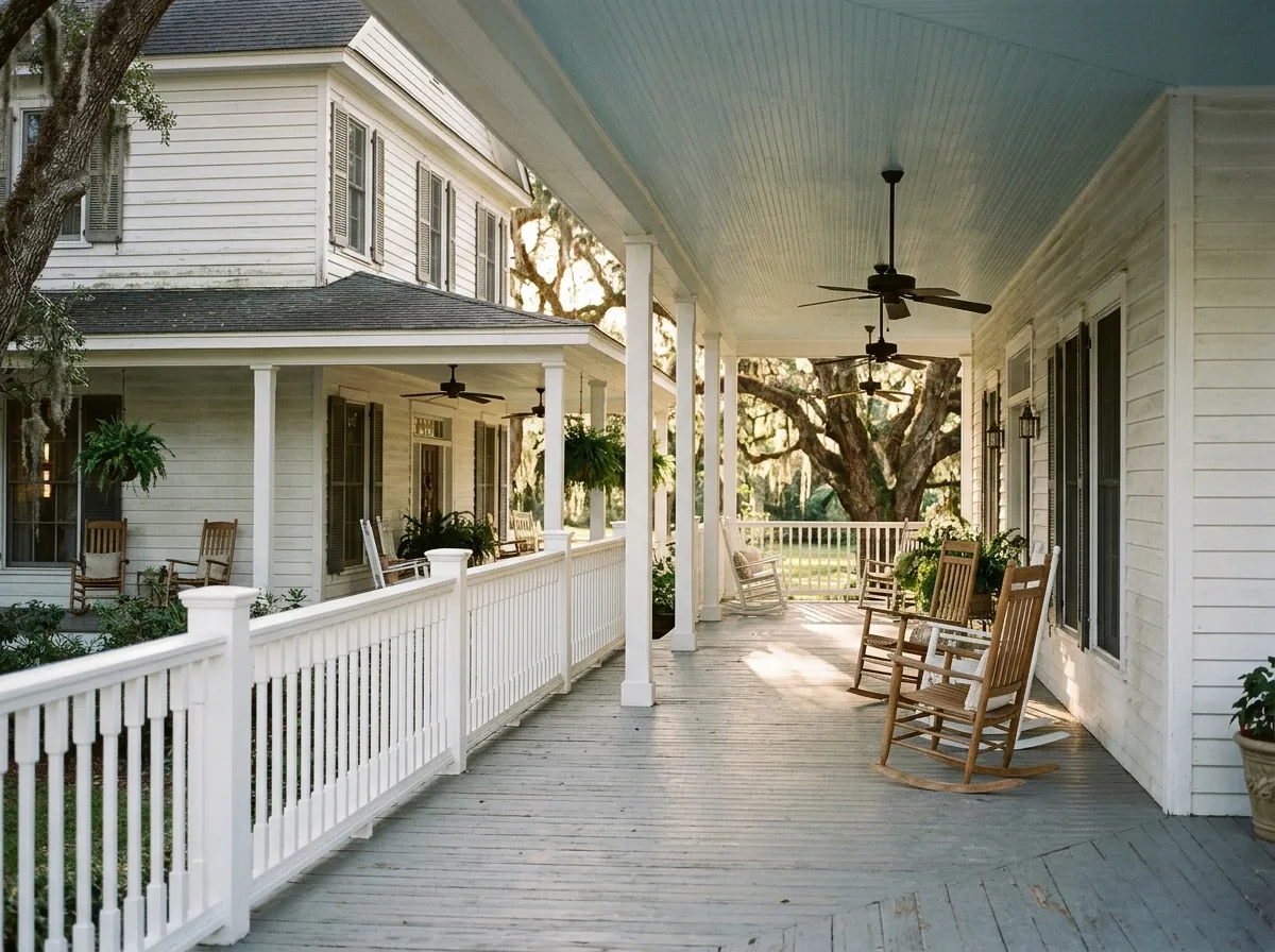 White painted wood porch railing with square spindles along a wide wraparound veranda