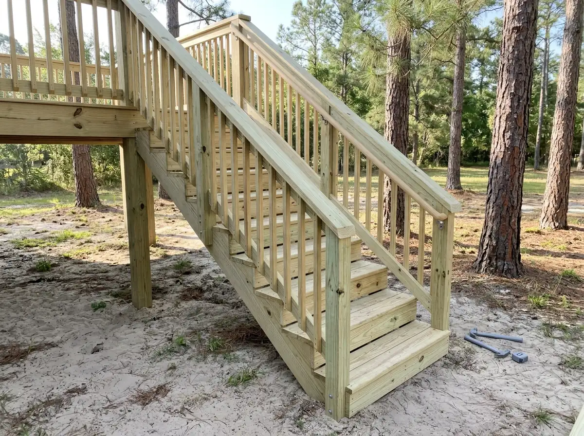 New pressure-treated pine deck stairs with wooden balusters and a handrail