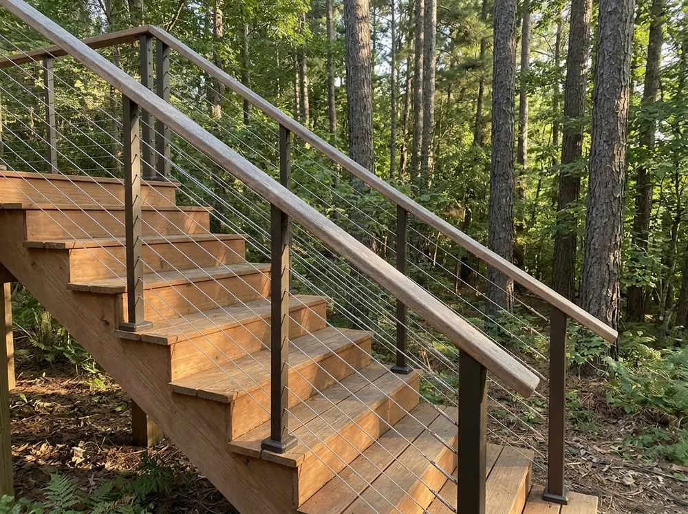 Stainless cable railing with dark posts on wooden deck stairs