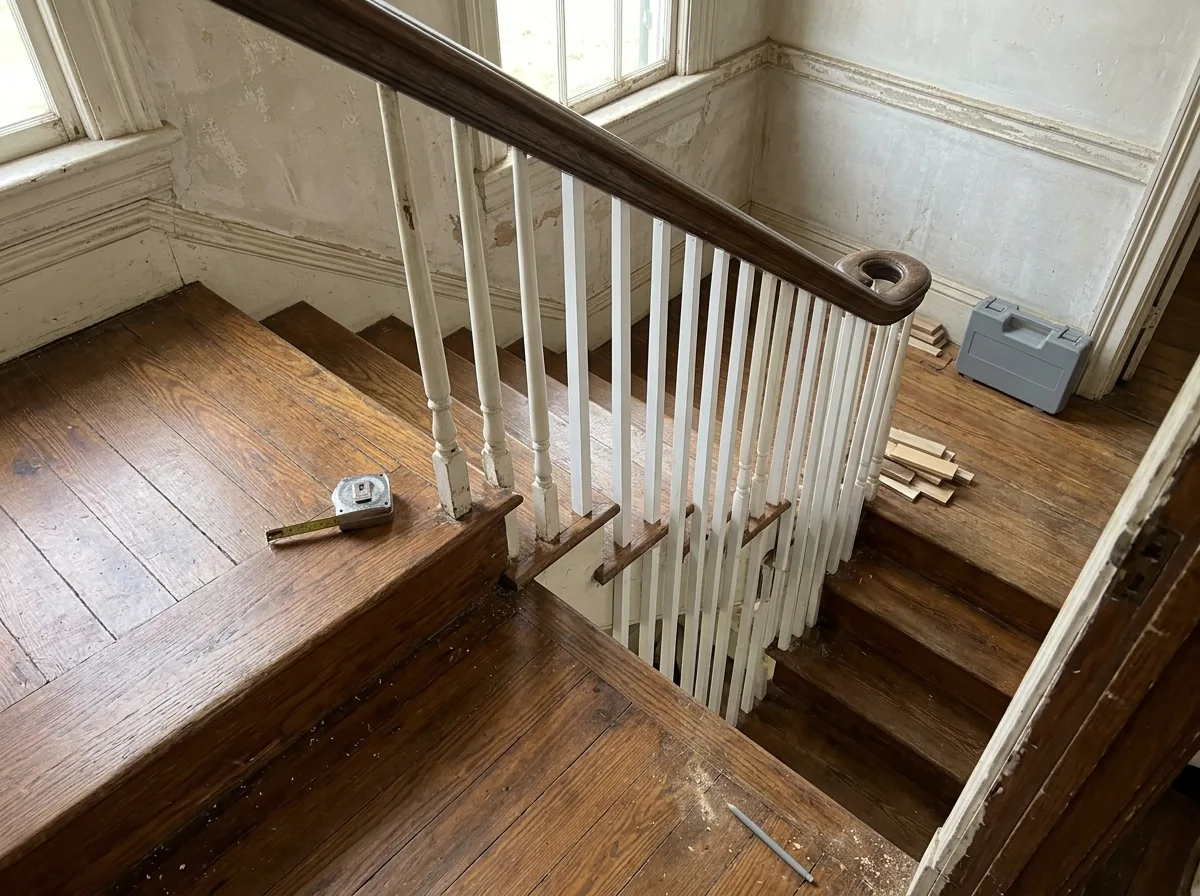 Wood stair with new balusters added between widely spaced old ones under an oak handrail