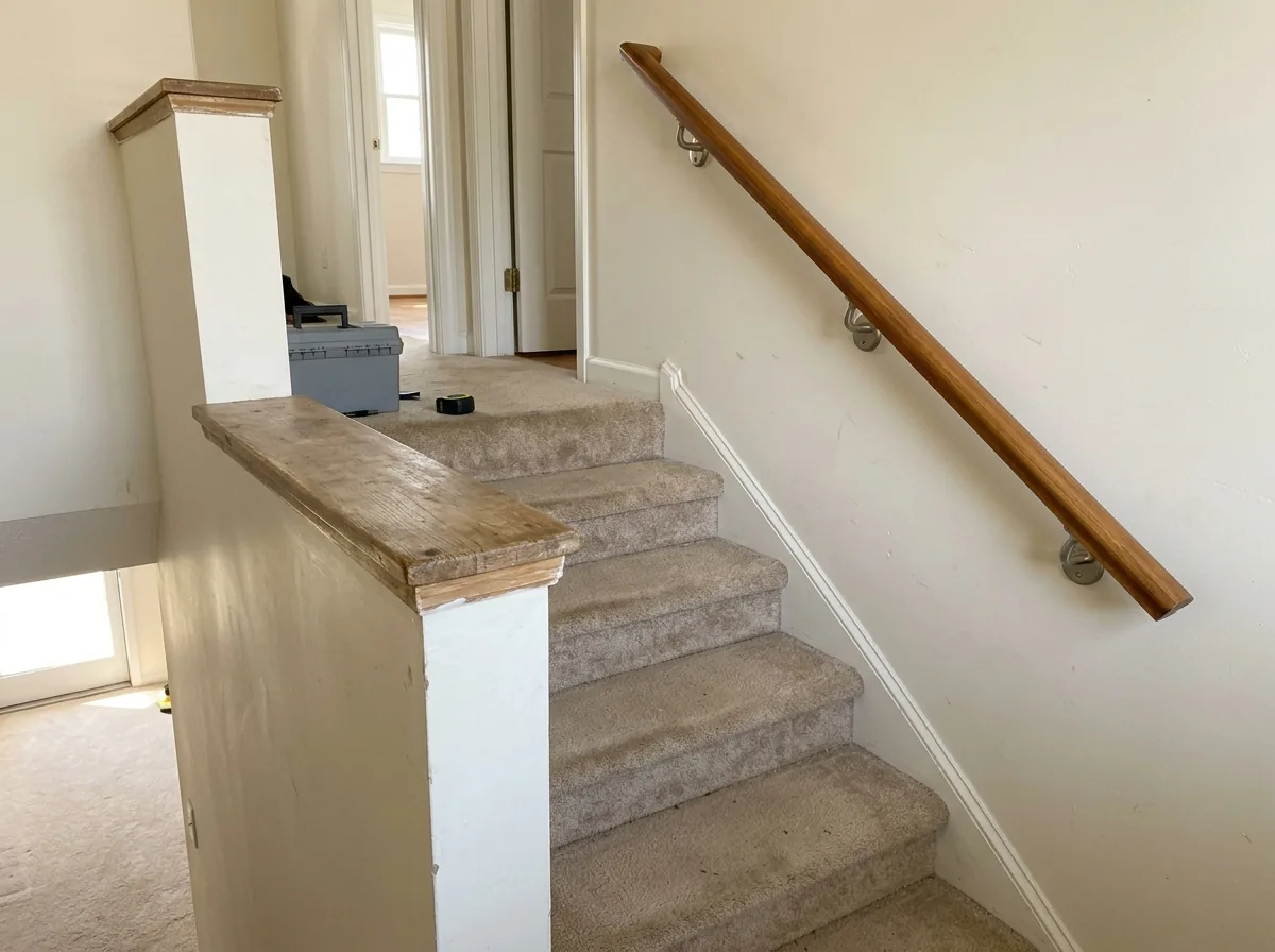 Round wood handrail newly mounted on brackets beside an old flat board rail on a stair