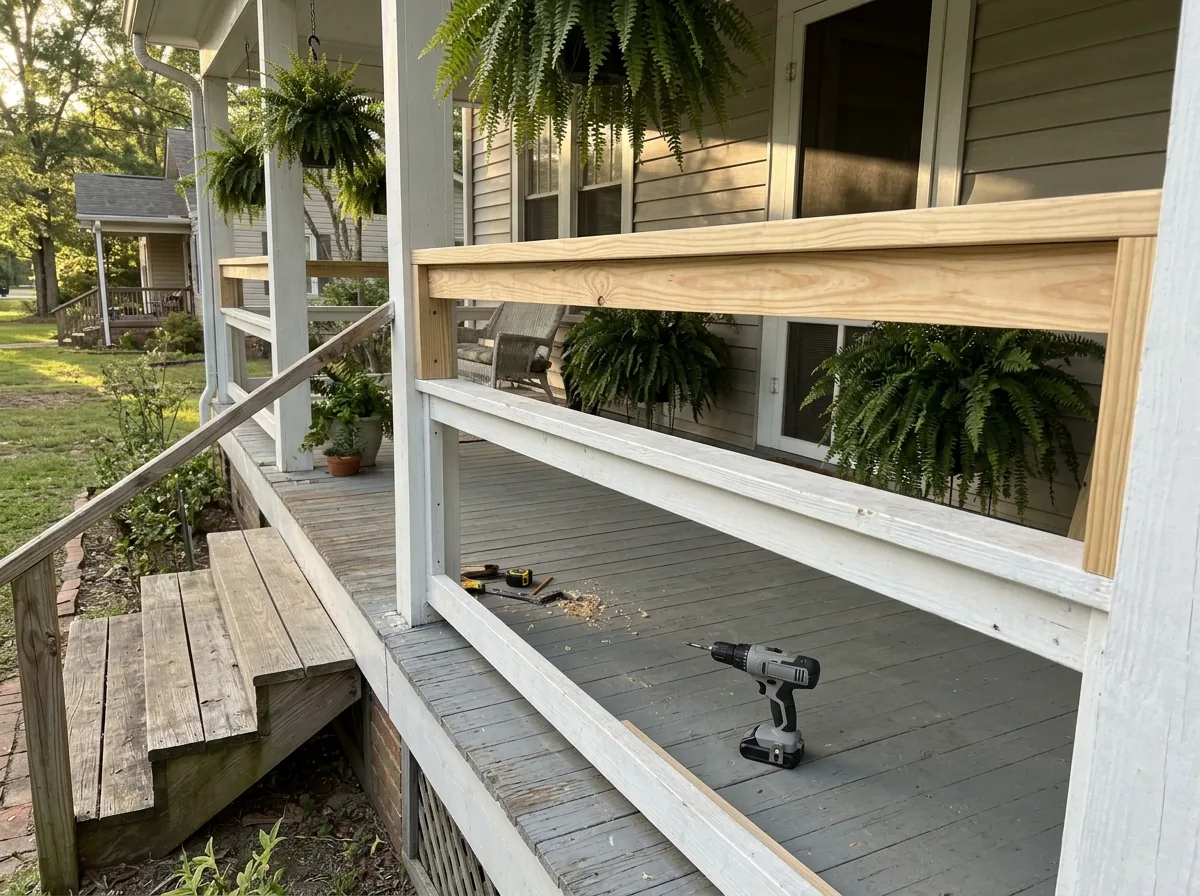 Porch guard with a new wood cap rail mounted above the old one to bring it to a taller height