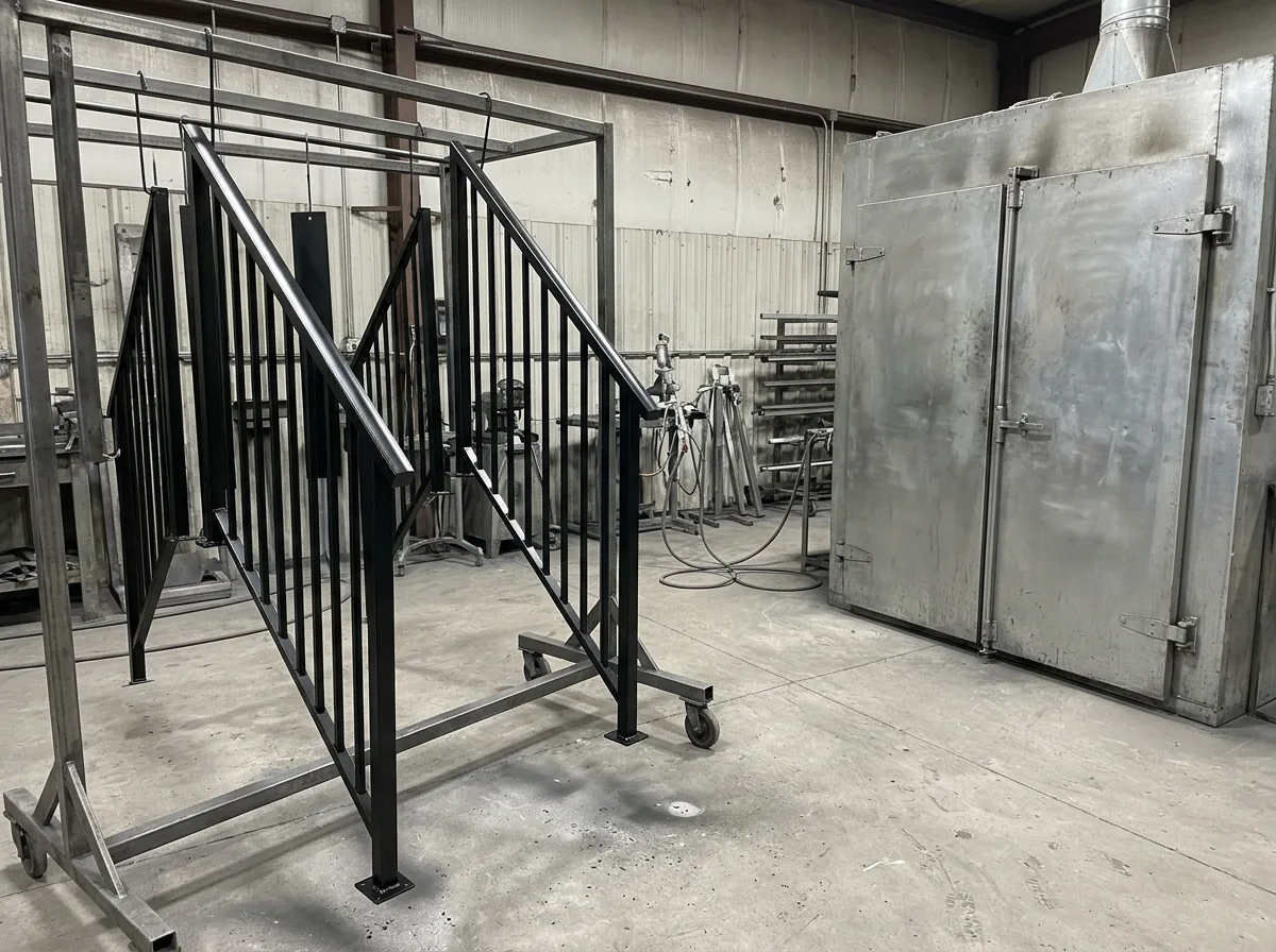Black powder-coated railing sections hanging on a rack in a coating shop after curing