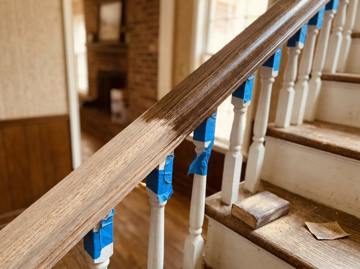 Oak handrail half sanded to bare wood and half finished in a fresh dark stain above white balusters