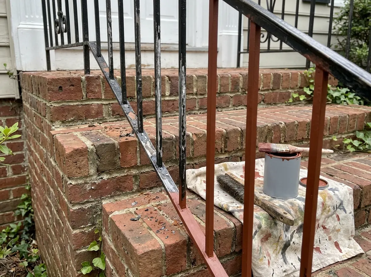 Black iron stair railing wire-brushed to bare metal in patches with fresh red-brown primer on some balusters