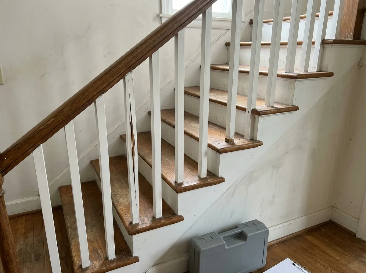 Wood staircase with one cracked white baluster and a gap where another baluster is missing