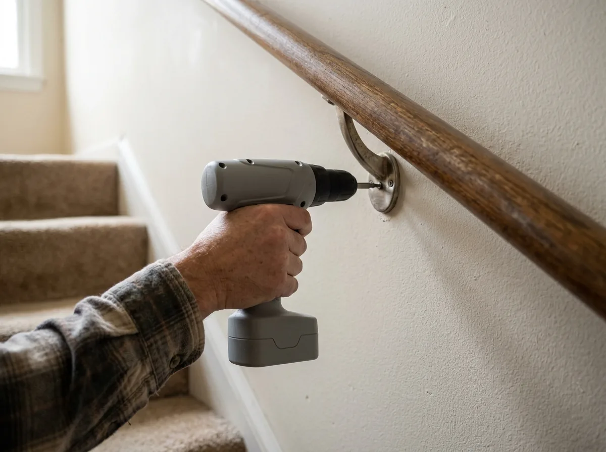 Wall-mounted wood handrail with one bracket being re-screwed into the wall above carpeted stairs