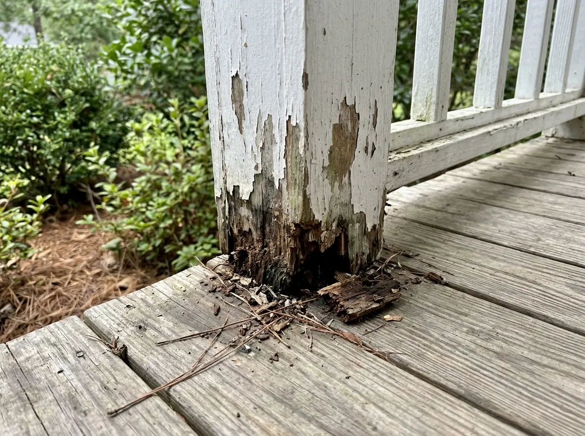 Porch railing post with soft, darkened rot at its base beside painted wood steps