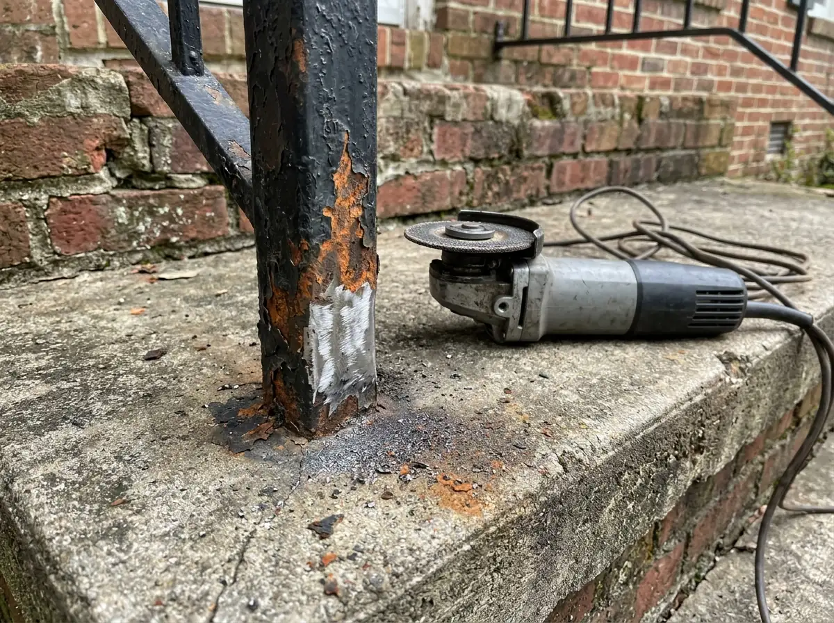 Black iron railing post with rust at its base where it meets a concrete step, partly ground back to bare metal