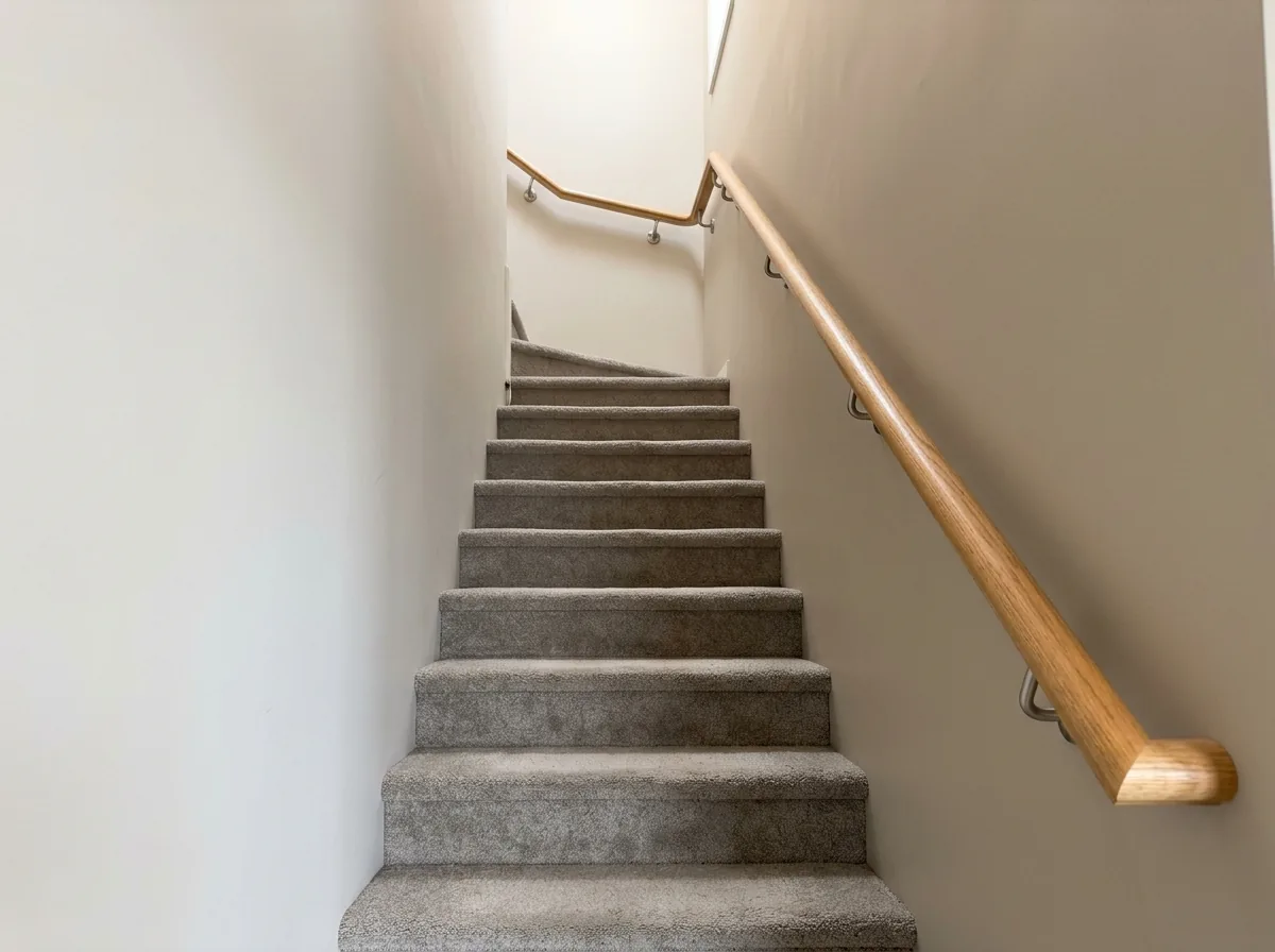 Round oak handrail on brushed nickel brackets in a closed stairwell