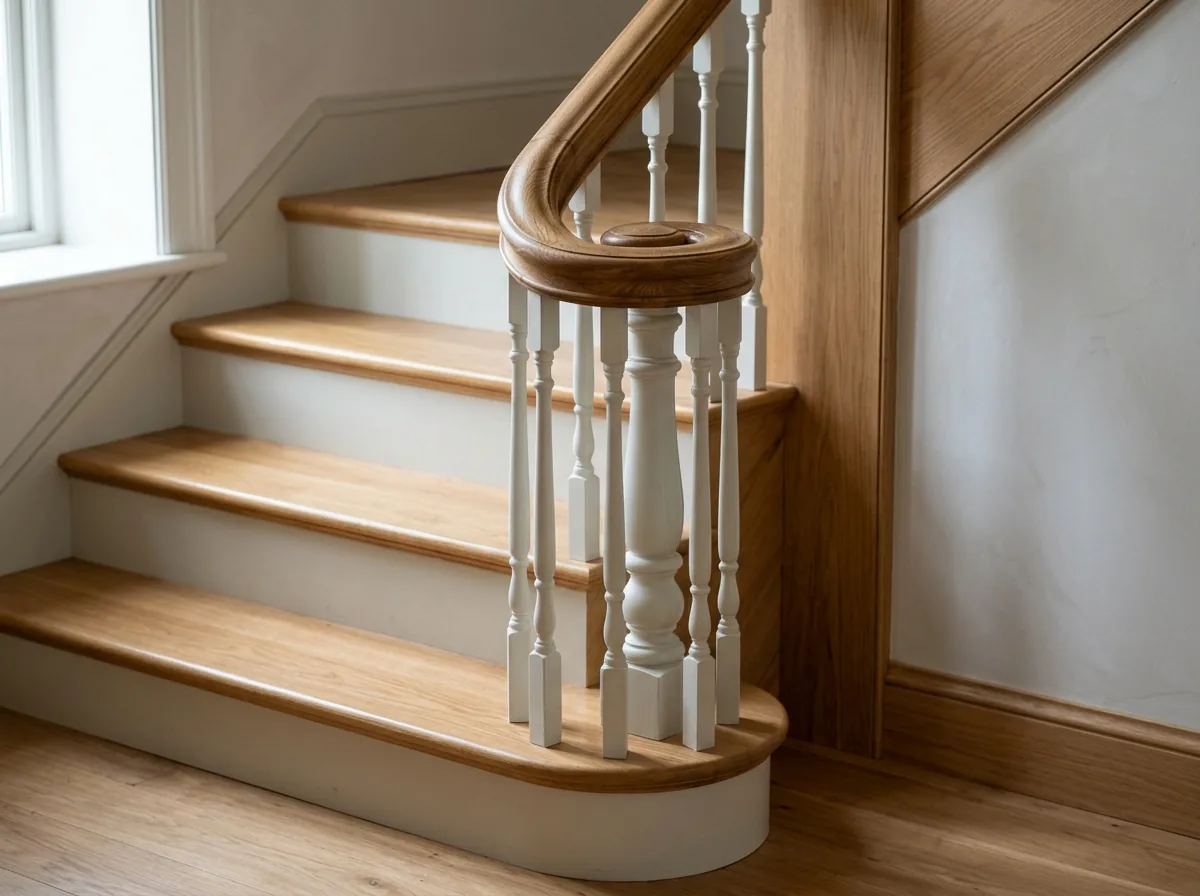 Oak over-the-post handrail ending in a curled volute fitting above a starting newel