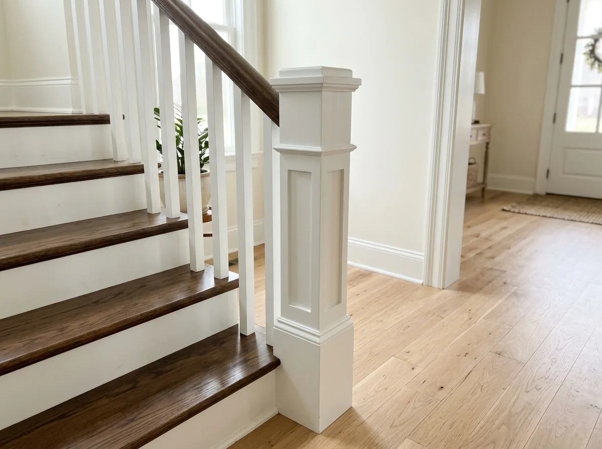 Painted white poplar newel post and balusters under a dark handrail at the foot of a staircase