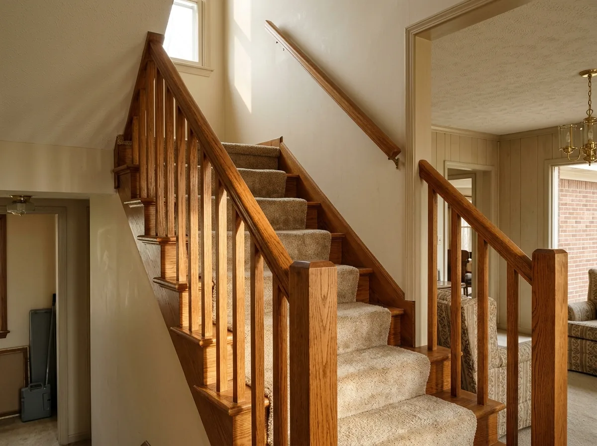 Stained red oak handrail and square oak balusters on a carpeted staircase in a brick ranch home