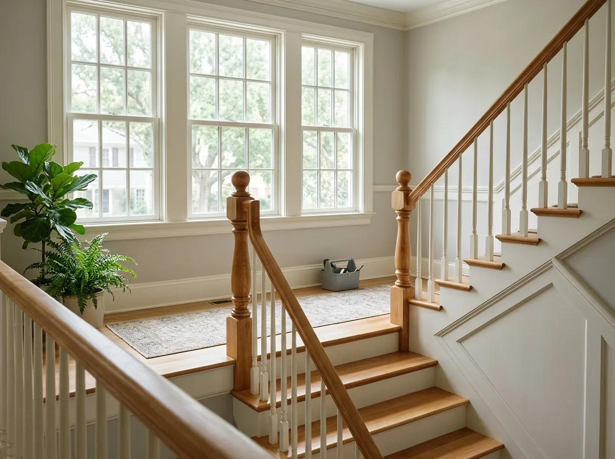 Honey-stained maple banister and newel at a stair landing with tall windows
