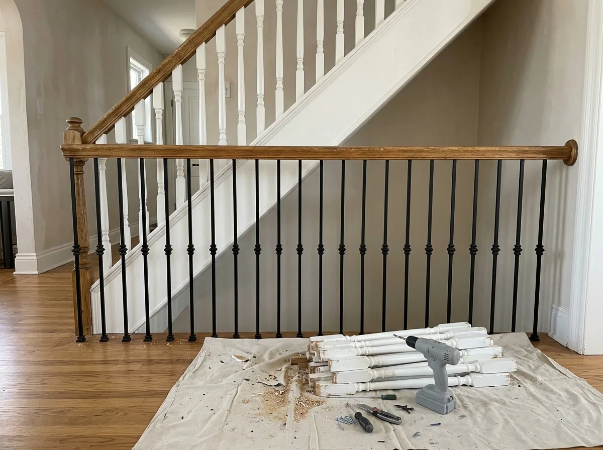 Staircase mid-job with new black iron balusters below and old white spindles above