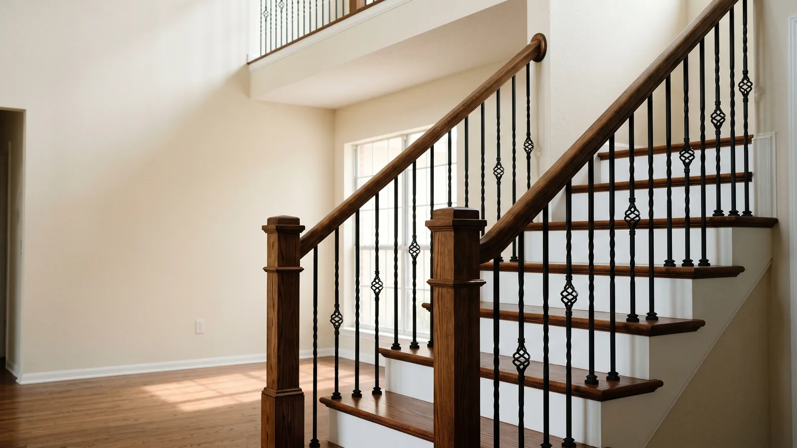 Foyer staircase with black wrought iron balusters, a stained oak handrail and an oak newel post