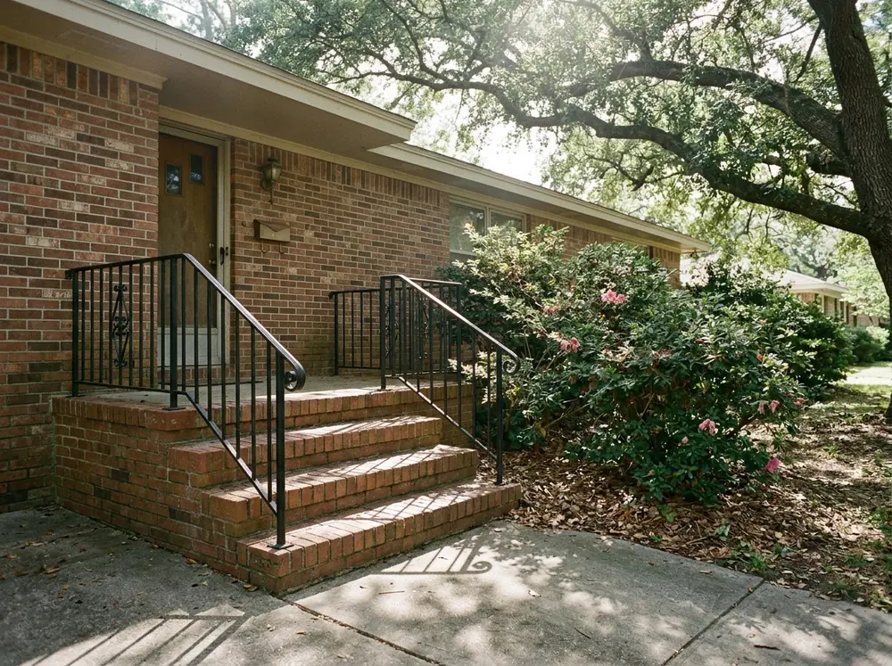 Black wrought iron handrails along red brick front steps of a ranch house