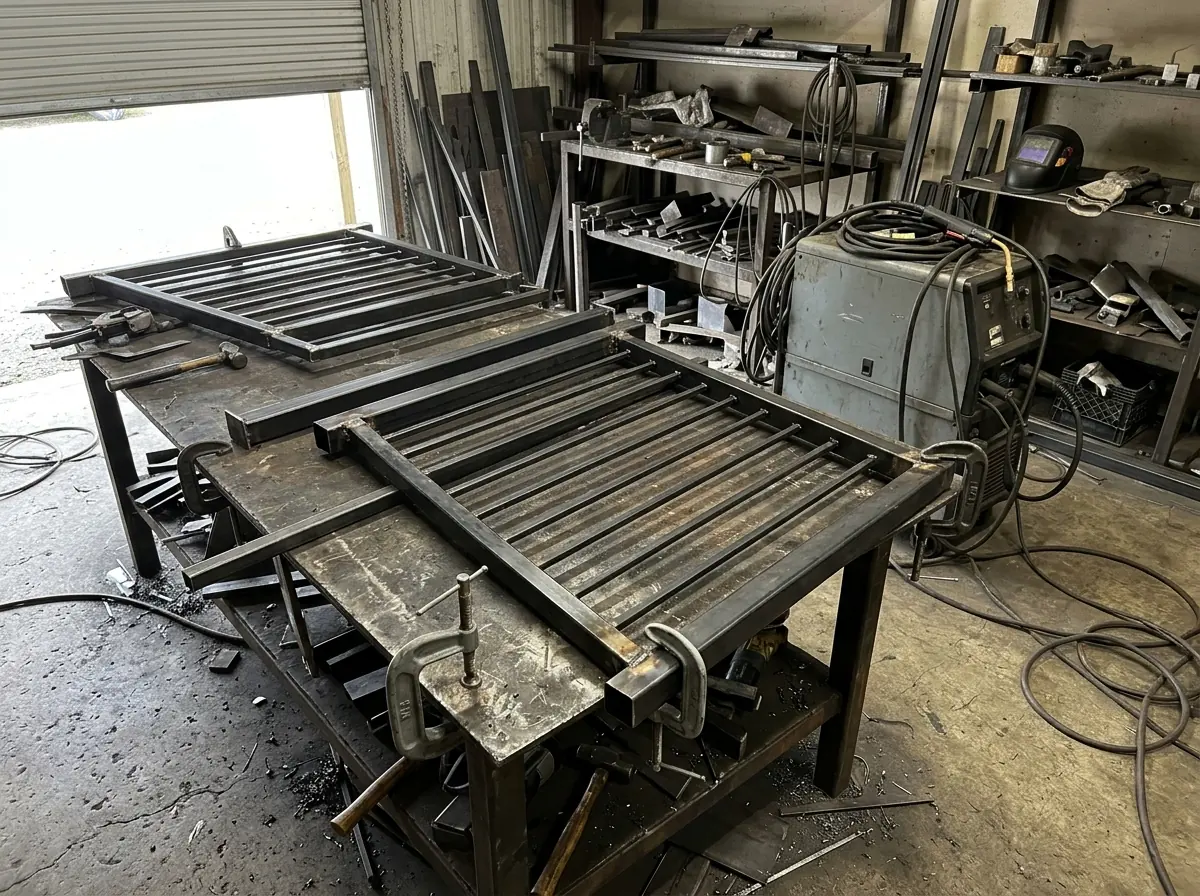 Welded black steel stair railing sections with square posts on a shop bench before installation