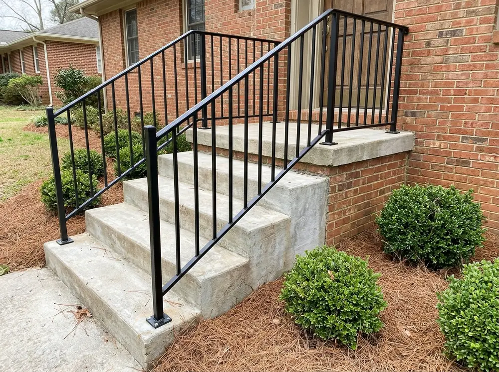 Black galvanized iron railing with square pickets along concrete entry steps of a brick house