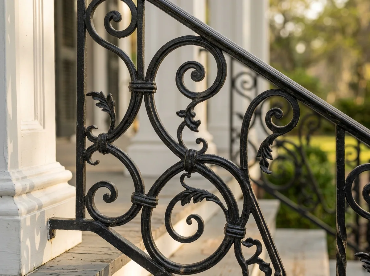 Close-up of a black iron railing panel with scrolls, collars and forged leaf details