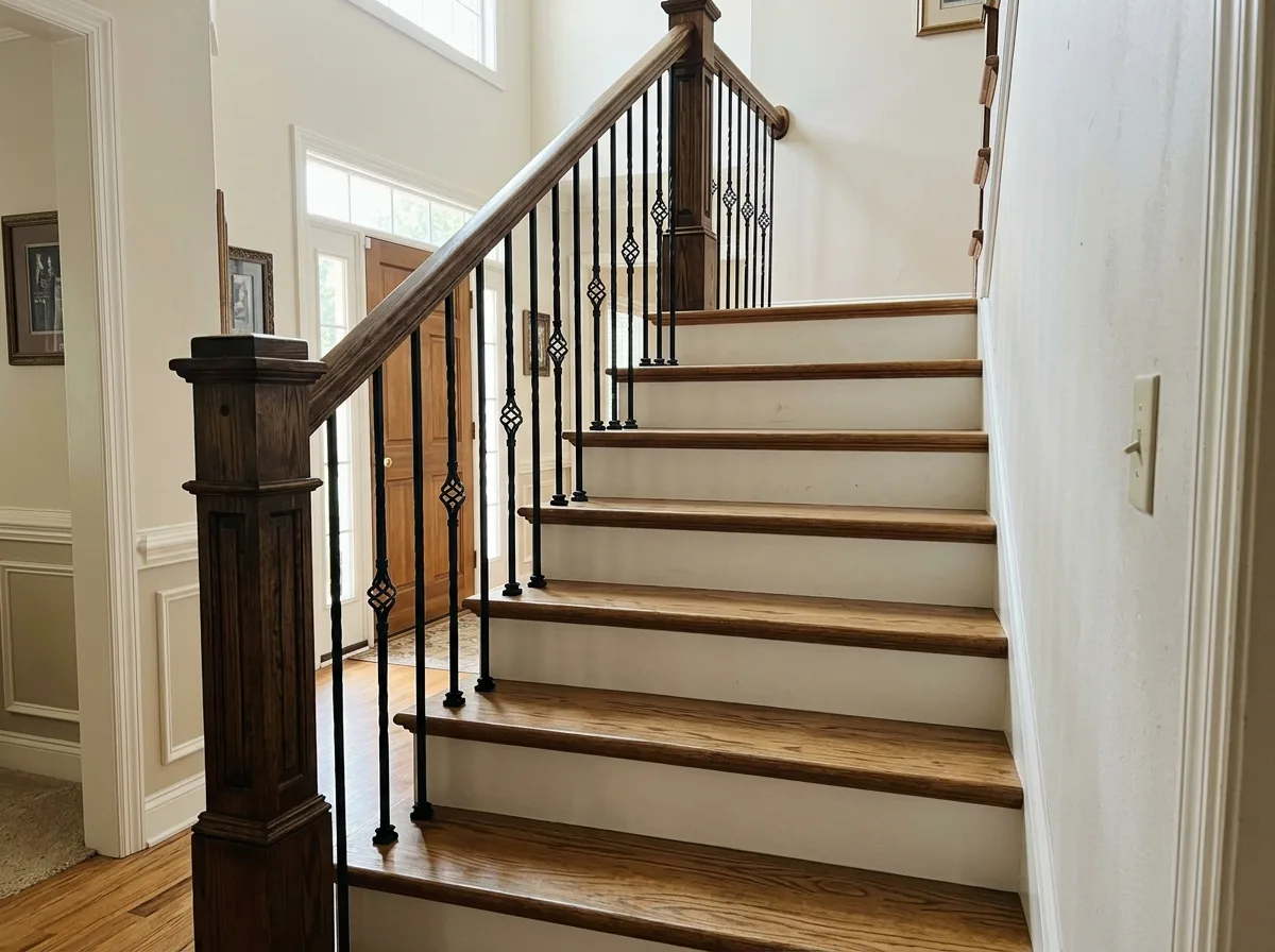Black twist and basket iron balusters under a stained oak handrail on an interior staircase